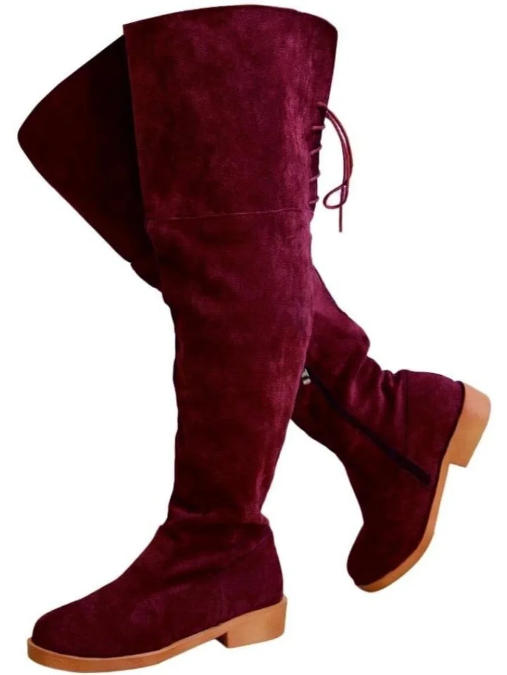 Women's Wine Red Faux Suede Back Lace Wide Calf Over-the-Knee Thigh-High Boots